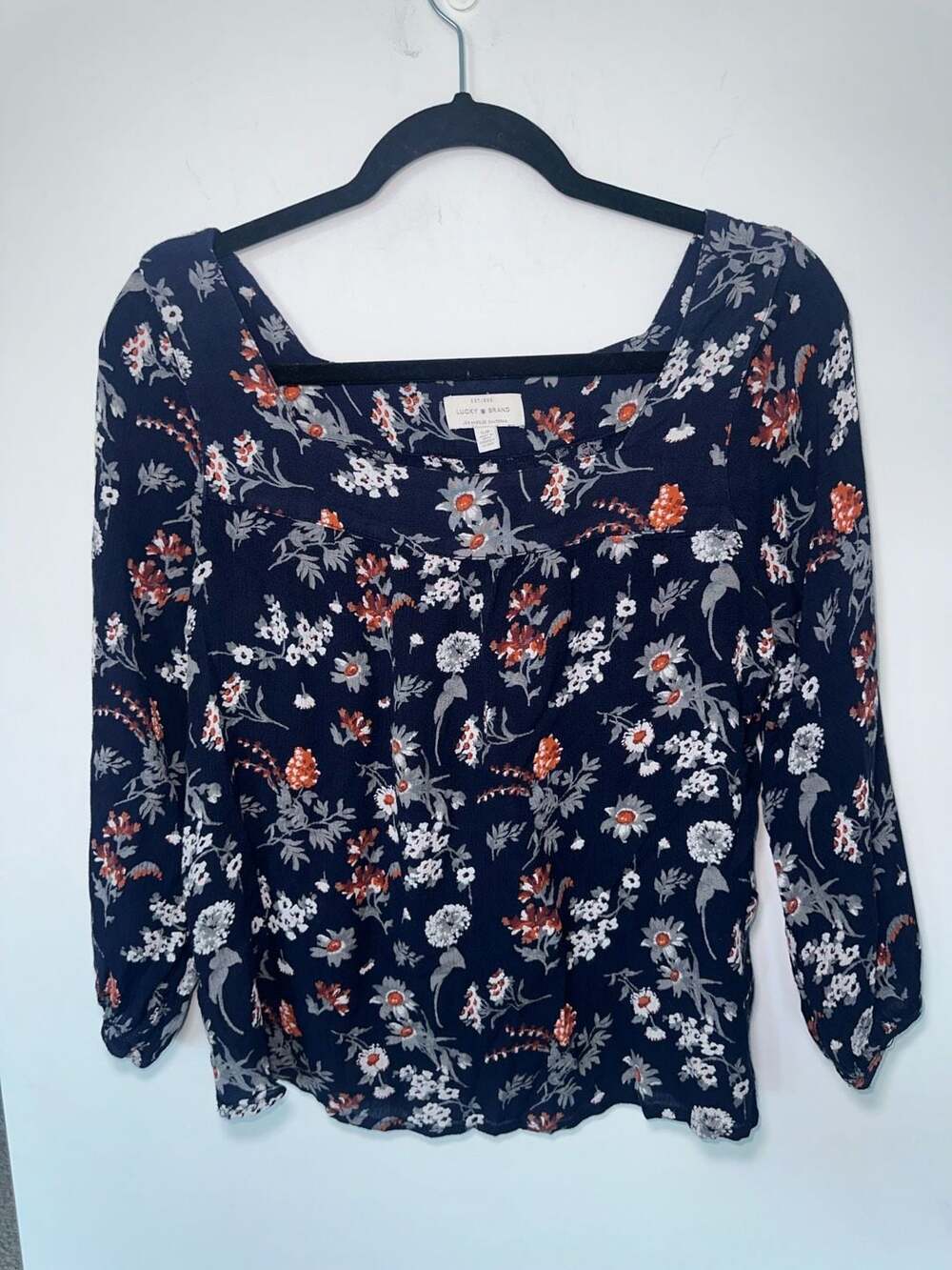 Lucky Brand Navy Blue Floral Print Square Neck Long Sleeve Top Size S